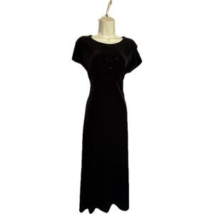 NWT JR Nites Vintage Black Velvet Beaded Short Sleeve Maxi Dress Women’s Size M